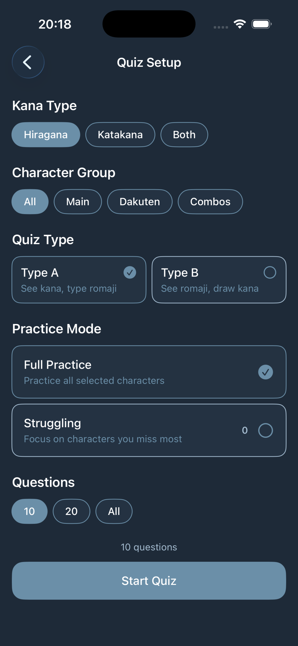 KanaScript quiz setup